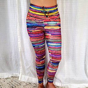 Printed Leggings Rainbow Chunky Woven Sweater Tie Waist